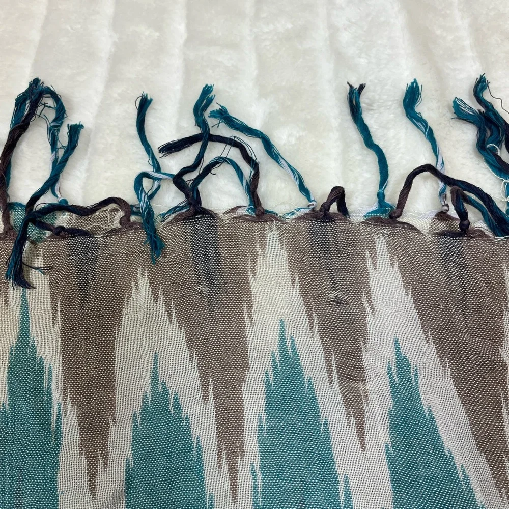 Ikat Boho Teal Brown Cream Fall Spring Tassel Scarf Travel Lightweight Semisheer
